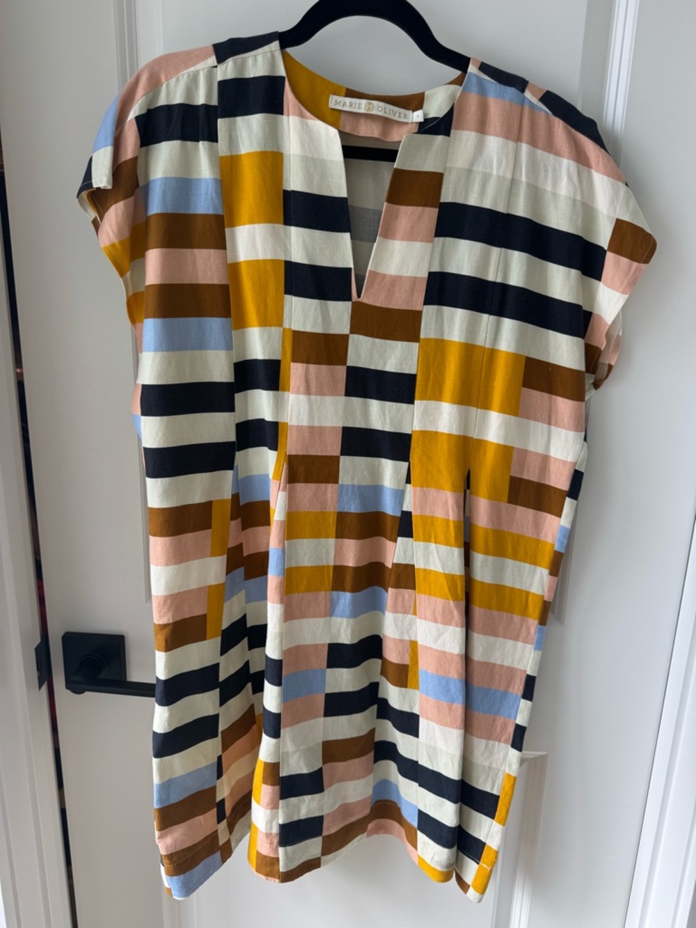Marie Oliver Multicolor Striped Split-Neck Tunic — Mustard, Navy & Blush